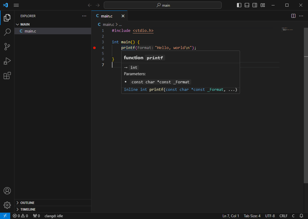 Screenshot di VSCode che mostra la funzionalità di documentazione al passaggio del cursore