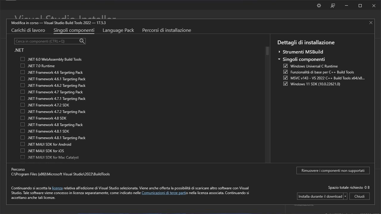 Screenshot del Visual Studio Installer